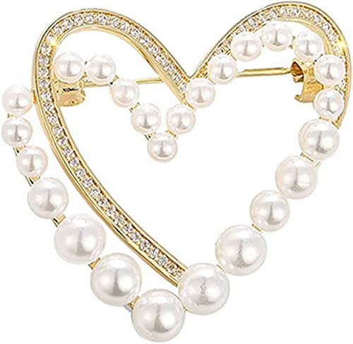 Classic Crystal Pearl Heart Brooch Pin Trendy Clothing Dress T-shirt Heart Scarf Brooch Double Heart Scarf Brooch Pin for Women Wedding Brooch