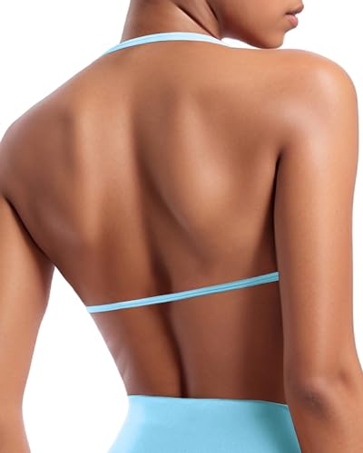 Image of OMKAGI Halter Sports Bras for Women Padded Strappy Bra Open Back Workout Gym Crop