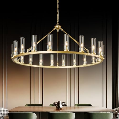 Image of 20 Light Large Wagon Wheel Chandelier with Clear Glass Shade Gold Round Pendant Light Farmhouse Industrial Chandeliers Dining Room Light Fixture for Stair Living Room Foyer Kitchen