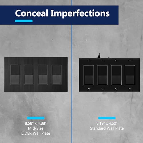 Image of LIDER Screwless Metal-Surface Wall Plate, Decorator Switch Cover, Temperature and Impact Resistant, Modern Decoration Upgrade, Mid-Size 4-Gang, 4.88 inch x 8.58 inch, UL Listed, Stainless Steel, Brushed Black