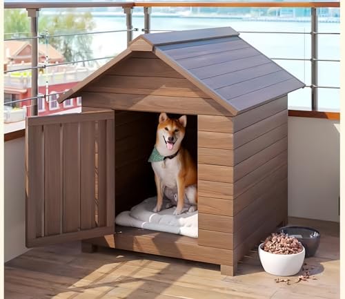 Dazzix犬小屋 木製ペットハウス ドッグハウス 無垢材の犬小屋 中/小型犬 木製犬舎/清潔 水洗 換気 日焼け対策 雨除け お掃除 組み立て簡単 家庭 テラス 中庭 裏庭 室内 屋外用 (35*43*50cm)