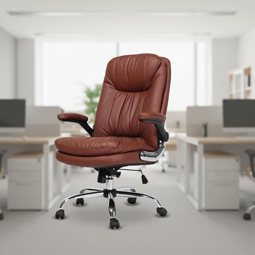 Image of Premium Leatherette Executive Office Chair with Chrome Base & Padded Armrests | Adjustable Height Swivel Desk Chair for Office & Home (Tan)