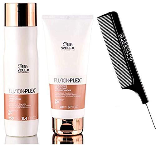 Wella FUSION PLEX Intense Repair Shampoo & Conditioner DUO SET (with Sleek Steel Pin Tail Comb) (8.4 oz + 6.7 oz - DUO Kit)