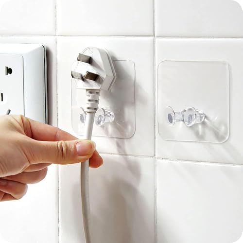 Image of 10 Pack Self Adhesive Transparent Plug Hooks Multi-Purpose Wall Mounted Power Plug Holder & Photo Frame Hanging Hooks Free No Drill Utility Stickers for Keys Kitchen Bathroom Bedroom
