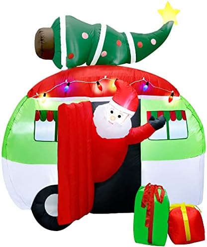 ATDAWN 7 ft Christmas Inflatable Santa Claus Driving a Car with Christmas Tree and Gift Boxes, Blow Up Lighted Yard Decoration, Inflatable Christmas Holiday Outdoor Lawn Yard Garden Decorations