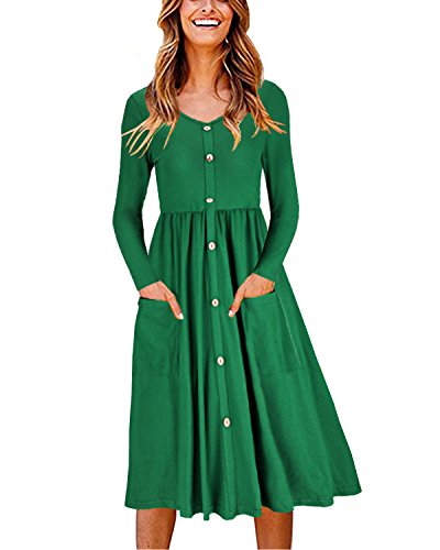 OUGES Women s Long Sleeve V Neck Button Down Midi Skater Dress with Pockets(Green,S)