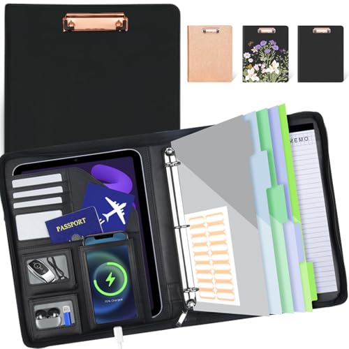 Clipboard with Storage for Men Women, Leather Padfolio Portfolio with Zipper, 1 Inch 3 Ring Binder 5 Dividers, Notepad for Letter Size, Elastic Closure and Pen Loop, Card Slot Black