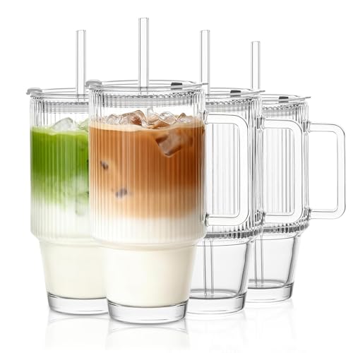 KEMORELA 4PCS 24oz Ribbed Glass Tumblers with Lids & Straws – Textured Handle Drinking Glasses for Iced Coffee, Smoothies, Cold Beverages – Reusable Clear Drinkware Set, Dishwasher Safe