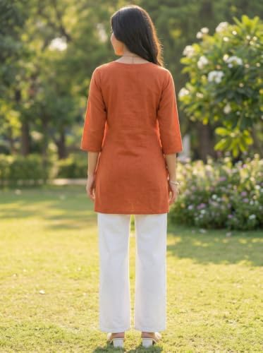 Image of Cotton Blend Embroidered Straight Kurta for Women | Cotton Blend | 3 /4 Sleeve | Round Neck V-Slit | Ethnic Wear Casual Wear