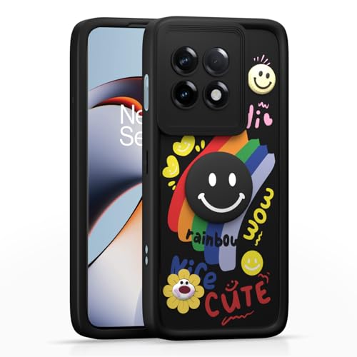 Image of Pikkme Back Cover for OnePlus 11R 5G | Soft Silicone| Cute Rainbow Smile & 3D Cartoon Flower Design | Shockproof Raised Camera Protection Bumper Case (Black)