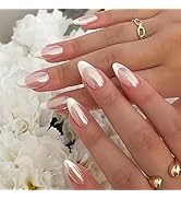 YOSOMK French Tip Press on Nails Almond Medium Fake Nails with Chrome Designs Glossy Nude False N...