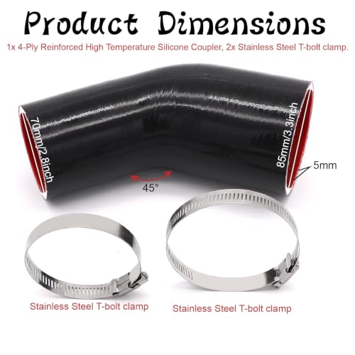 Image of 45 Degree 2-1 /2 to 3 inch(63-76mm) Silicone Reducer Coupler Hose, 4-Ply Reinforced Wall Thickness 5mm, Length 4inch(102mm) with 2PCS Clamps for Turbo /Intercooler /Intake /Exhaust Piping