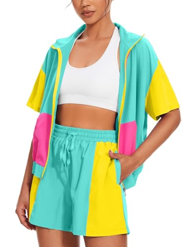 UOUA Womens 80s Color Block Outfits 2 Piece Tracksuit 90s Party Costume Summer Zip Up Windbreaker & Short Sets Neon Clothing MintGreen XXL