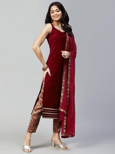 Image of SIRIL Women's Velvet Solid Straight Kurta Set with Dupatta