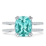 Blue Apple Co. Paraiba Tourmaline CZ Size-6 Art Deco Ring 10mm Cushion Cut CZ Solitaire Ring Accent Vintage Style Band Wedding Engagement Rings For Women 925 Sterling Silver Gift For Her