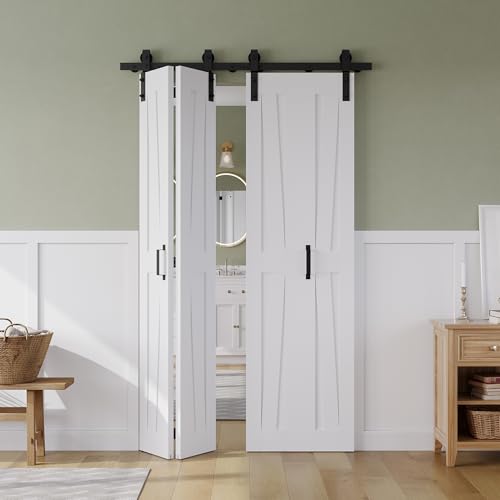 48" x 84" Bifold Sliding Barn Door, K Shaped Panel with Sliding Hardware Kit Set, Finished Closet Door Slab, 4.66FT Track for 4 Doors, MDF, White by SMARTSTANDARD - Image 2