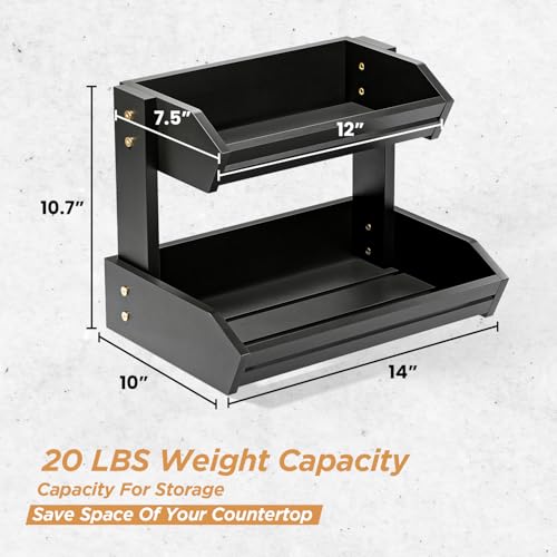 HOLANA Acacia 2 Tier Fruit Basket for Kitchen Counter Organizer – Wooden Fruit Bowl for Kitchen Counter Storage, Wooden Basket for Vegetable & Produce Storage, Snack Organizer for Countertop (Black)