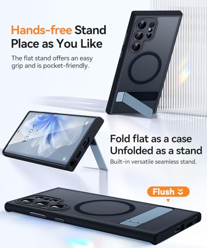 Image of CANSHN Strong Magnetic & Seamless Stand Designed for Samsung Galaxy S22 Ultra Case [Full Camera Protection] [Adjustable Kickstand] [Compatible with MagSafe] Translucent Matte Phone Cover - Black