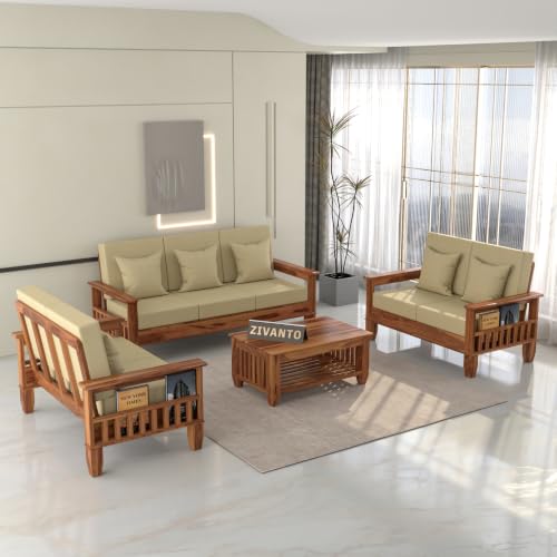 Image of Solid Sheesham Wood 7 Seater Sofa Set for Living Room | Premium Wooden Sofa with Side Magazine Rack | High-Density Cushioned Fabric Seats | Modern Solid Sheesham Wood Furniture