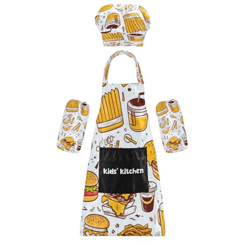 Bulletgxll Cartoon Food Kids Apron and Chef Hat Set Adjustable Bib Aprons with Pockets for Cooking Baking Painting