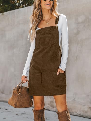 Image of CUPSHE Women Corduroy Fall Dresses Front Bib Pocket Square Neck Wide Strap Casual Overall Mini Dress