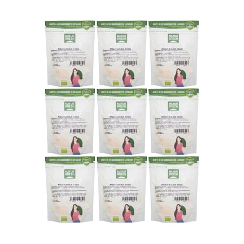 NaturGreen - Agar-Agar en Polvo BIO, Espesante Natural, Sustituto Vegano de Gelatina, Ecológico, Ideal para Repostería, Sin Gluten, Rico en Fibra, Pack 9 Unidades de 100 g
