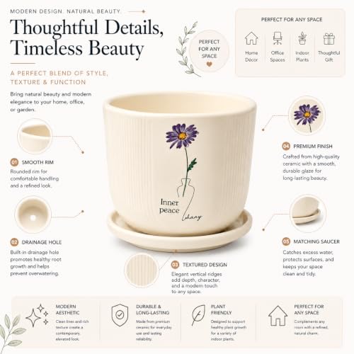 Image of Xtore Serene Floral Ceramic Planter with Saucer for Home & Office Decor | Ribbed Flower Pot with Botanical Artwork for Living Room, Bedroom, Balcony, Desk, Shelf & Window Styling (Off-White)