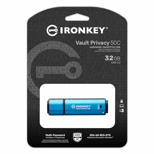Image of Kingston Ironkey Vault Privacy 50 USB-C 32GB Flash Drive | FIPS 197 Certified | XTS-AES 256-bit | BadUSB and Brute Force Protection | Mult-Password Option | IKVP50C /32GB | Fips 197 Xts-Aes 256-Bit Encryption, Badusb and Brute-Force Protection, Admin and User and Otr Passwords, USB 3.2 GEN1