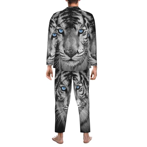 White Tiger With Blue Eyes Mens Pajamas Set Button Down Sleepwear Set Long Sleeve Loungewear With Pockets2