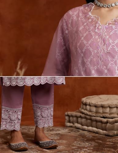 Image of Amazon Brand - Myx Women Embroidered Cotton Kurta Pant Set with Organza Dupatta (Available in Plus Sizes)