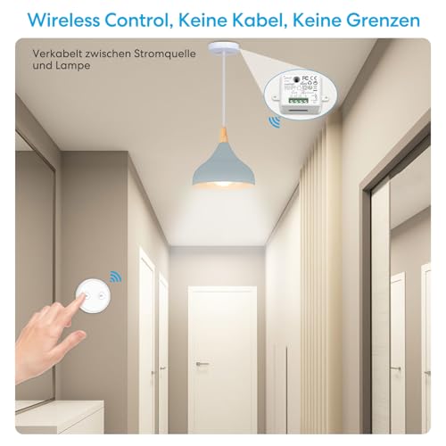 LoraTap Funk Lichtschalter Set mit 1 Fernbedienung und 1 Empfänger, 230V Funk Einbauschalter für Licht & Geräte bis 2300W, Drahtlose Steuerung ohne Zusatzverkabelung, 200 m Reichweite, ohne WLAN