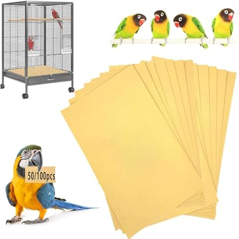 Lesimnky 100PCS Bird Cage Liner 17” x 11” Gravel Paper Cuttable Pet Sandpaper Special for Bird Cage in Sea Sand, Easy Clean Pet Sandpaper Calcium Paper for Birdcage Parrots Cockatiels (100) Cover
