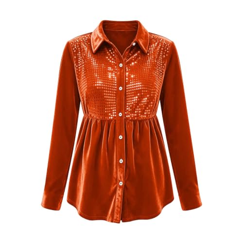 Womens Sparkly Peplum Tops Long Sleeve Collared Button Down Sequin Shirts - image 5