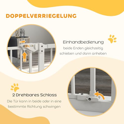 PawHut Türschutzgitter Treppenschutzgitter mit 14 cm Verlängerung Türgitter ohne Bohren mit Auto-Close Treppengitter für Breiten 74-94 cm Beidseitig Schwenkbar Metall Weiß
