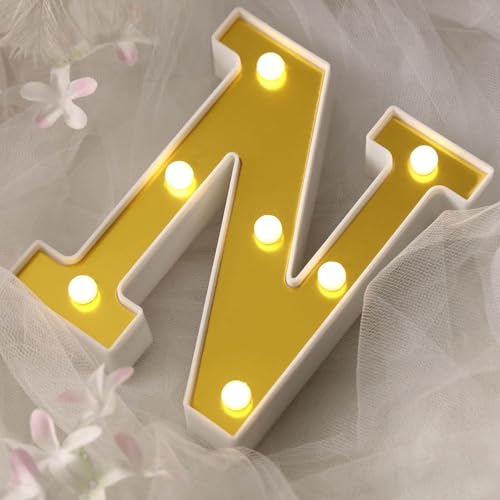 Image of Efavormart 6 inch Gold Marquee Letter N, Mirror Front Warm White LED Light Up 3D Sign, Battery Operated 72H Glow for Wedding Party & Wall Decor