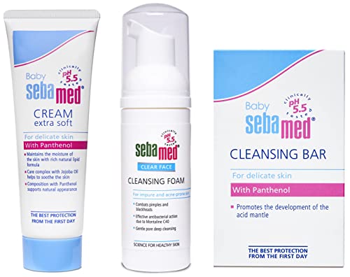 Image of Sebamed Baby Cleansing Bar 150g & Soap Free bar| For Delicate skin & Baby Cream Extra Soft 50m|Ph 5.5| ECARF Approved & Clear Face Foam 50ml|PH 5.5|Acne, pimples & blackheads
