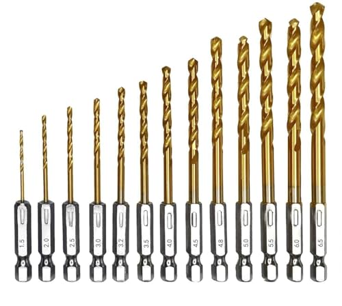 MEETOZ 13 PCS Hex Shank Drill Bit Set, Titanium Twist Drill Bit Set,Premium Titanium Impact Hex Drill Bits for Wood, Steel, Metal, Plastic, Quick Change Design (1/16”-1/4”)