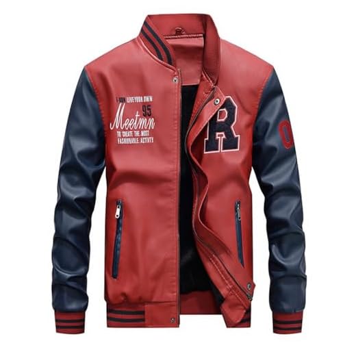 Lavnis Jaqueta masculina de couro sintético, casual, gola alta, caimento justo, Vermelho, XX-Large