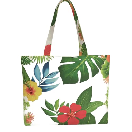 Bolsa Tropical, Algodão Reciclado, Sacola de Compras com Estampa Floral Havaiana, Branca com Hibisco Vermelho e Amarelo, Folhas Verdes, para Praia e Uso Diário
