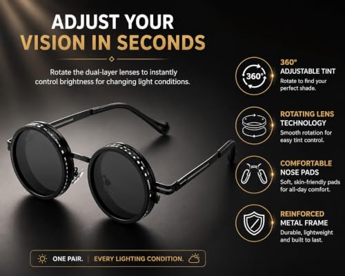 Image of Adjustable Tint Polarized Round Sunglass with Stepless Adjustable Sunglasses for Men,1-9 Gears Beach Sunglasses - Eyewear with Adjustable Lens.