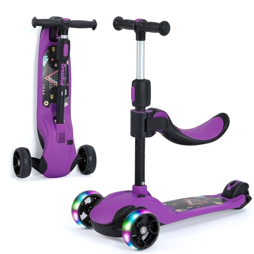BremToy Patinete para Niños de 1 a 12 Años, Ajuste de Altura Infinito, Patinete con Asiento Extraíble, 3 Ruedas Brillantes LED, Carga Máxima 50KG, Regalos para Niños (Violeta)