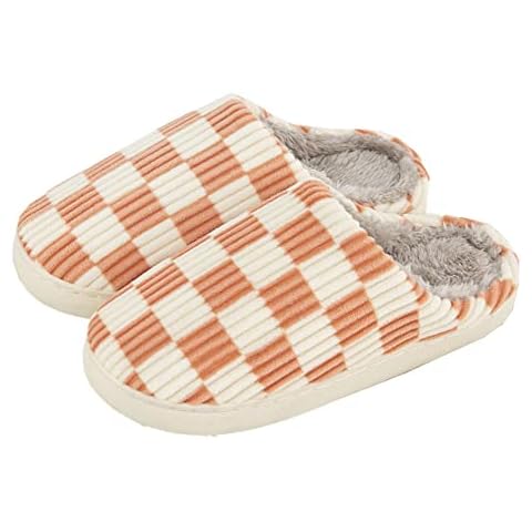 Women Men House Slippers Soft Plaid Scuff Slides Cozy Memory Foam Slipper Slip on Warm Checkered Shoes Indoor Outdoor Lightorange Cover