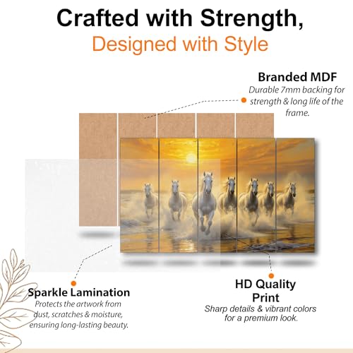 Image of The Castle Decor Running Horses with Rising Sun Vastu Painting | Wooden Frame Multi-Panel Wall Art for Living Room (Multi Color - Design 6, 27x48 Inch)