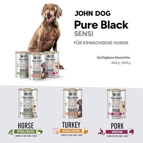 John Dog Hundenassfutter Pure Black Hypoallergenic Pferdefleisch - Getreidefreies Monoprotein Nassfutter für empfindliche Hunde - Hundefutter ohne Huhn, unterstützt Haut und Fell 6 x 400g