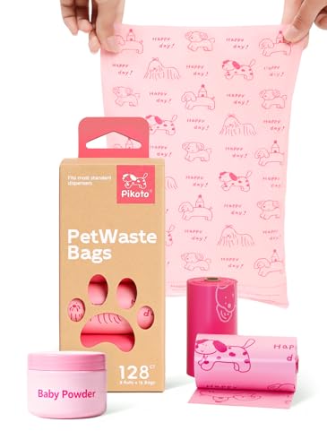 Pikoto Pink Poop Bags for Dogs - 128 Count, 60% Recycled Plastic Baby Powder Scented Dog Poop Bags - Easy-Peel Sticker, Leak-Proof, Extra Strong & Thick - Perfect for Diapers, Cat Litter (8 Rolls)