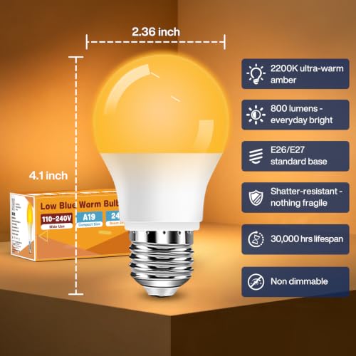 Image of Neporal Warm Light Bulbs 2200K Amber Light Bulbs, 9W 60W Equivalent No Blue Bulbs for Sleep, Soft YellowA19 E26 Bulb, Flicker-Free Bedroom Nursery Bedside & Living Room Night Light, [4] Pack