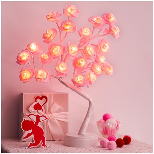 Vanthylit Rose Tree lamp, Pink Rose Flower Night Light, LED Tabletop Pink Tree Lights, USB/Battery Powered Flower Lamp for Valentine's Day Decorations, Girls Gift for Mother Home Party Wedding Room