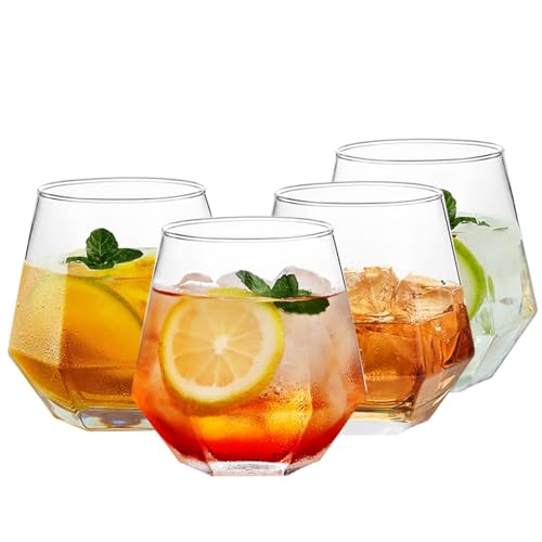 Ufrount Wine Glasses Set of 4,Clear Stemless Red Wine Glasses 10 Ounces,Geometric Diamond Shaped Glass Cups Beautiful Wine Glasses Stemless for Whiskey,Cocktail,Bourbon,Juice,Water