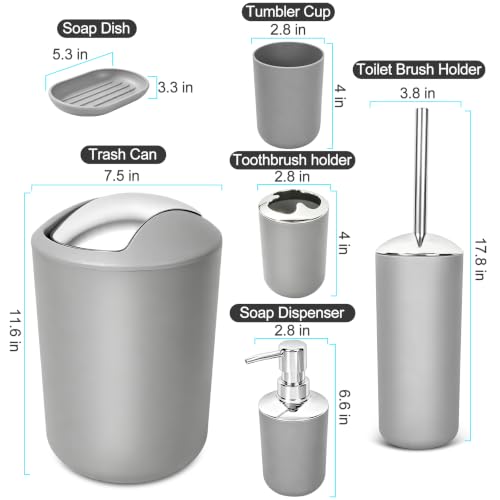 Image of Compact 6-Piece Grey Plastic Bathroom Accessories Set with Small Trash Can, Soap Dispenser, Toothbrush Holder, Cup, Soap Dish, Toilet Brush for Guest Bathroom Dorm Apartment