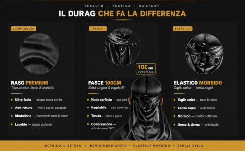 Générique Lot 1 Durag + 2 Bonnets Satin Nuit – Noir | Waves, Tresses, Locs, Dreads | Soie Premium Anti-Casse | Bonnet Cheveux Nuit | Taille Universelle Homme Femme – vue 7